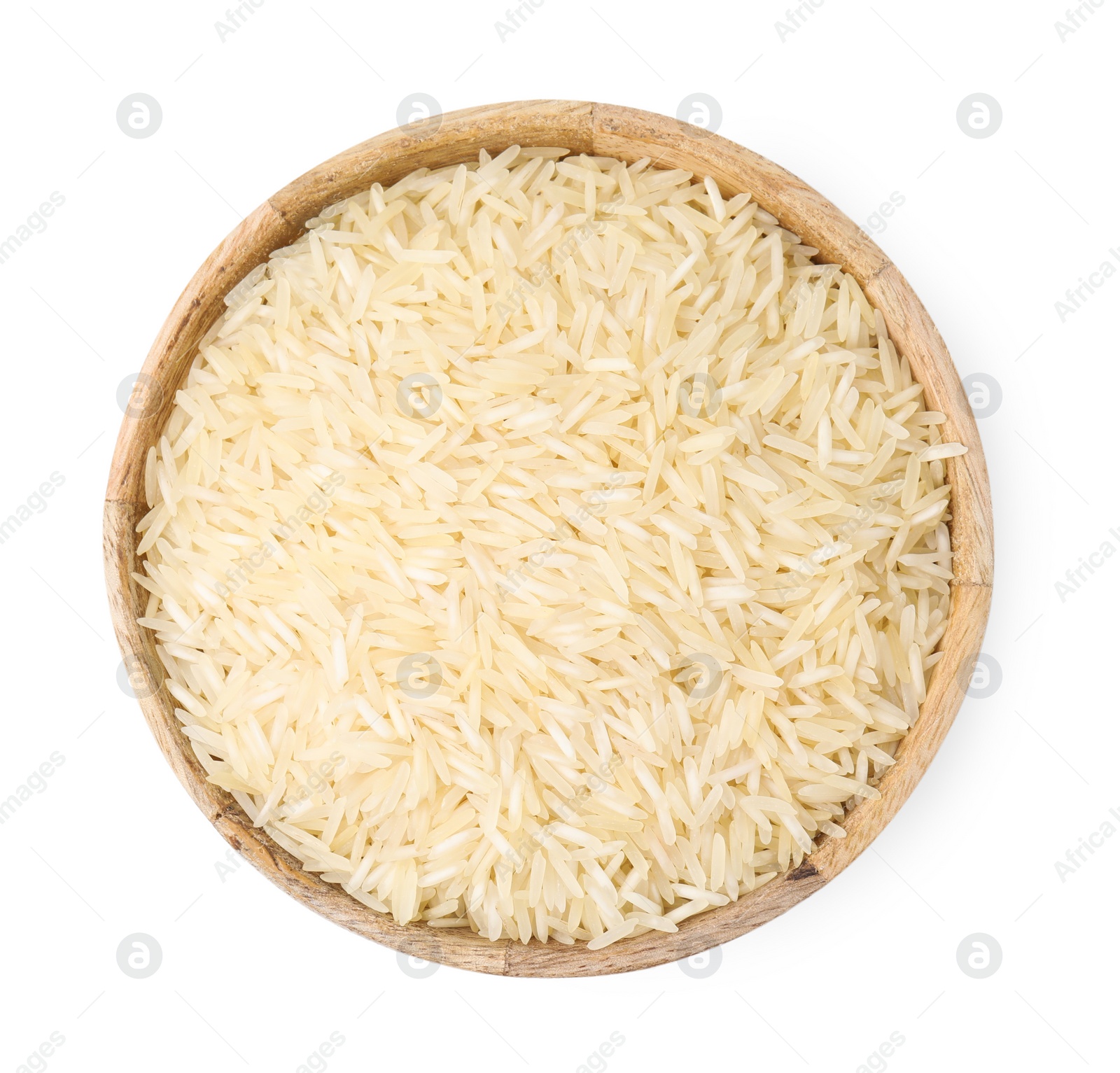 Photo of Raw rice in bowl isolated on white, top view