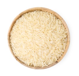 Photo of Raw rice in bowl isolated on white, top view