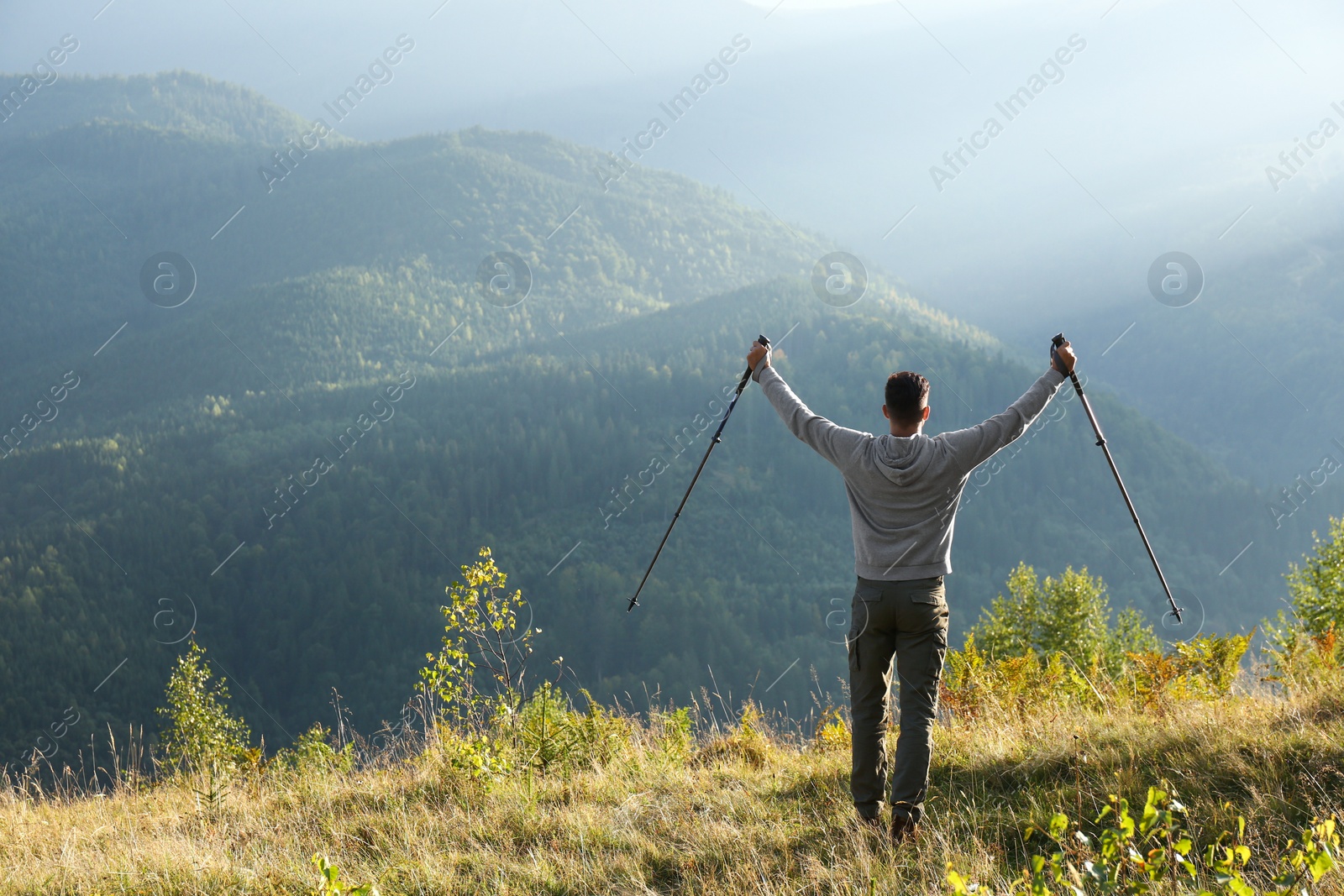 Photo of Man with trekking poles hiking in mountains, back view. Space for text