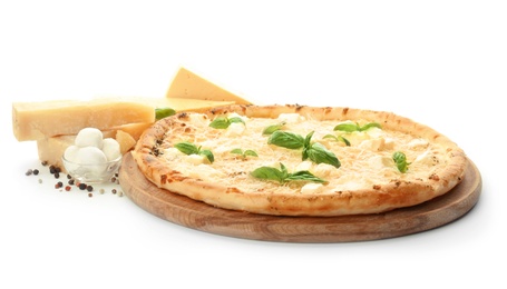 Delicious pizza with cheese on white background