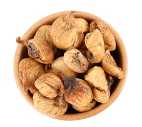 Photo of Wooden bowl of dried figs on white background, top view