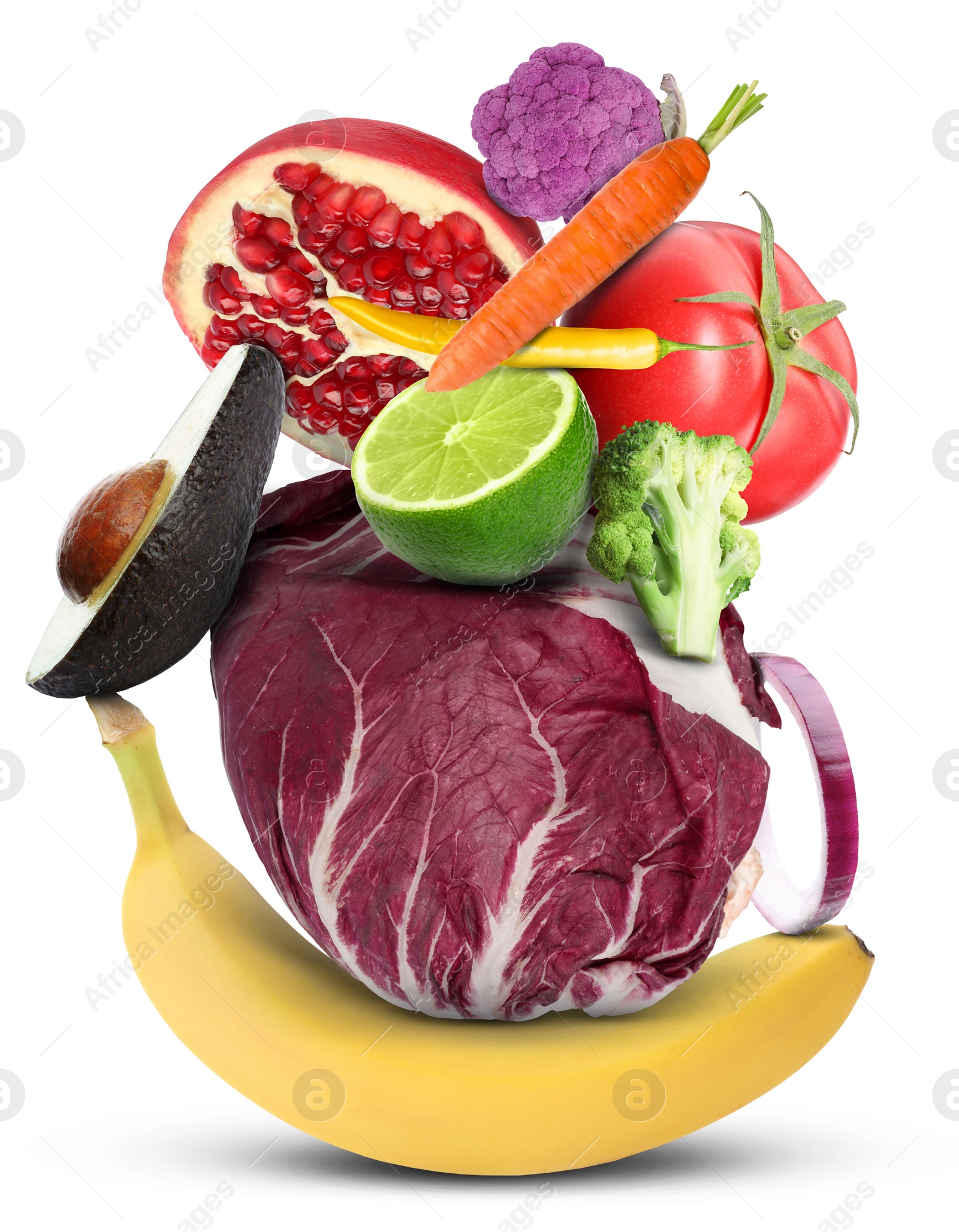 Image of Stack of different vegetables and fruits isolated on white