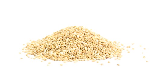 Pile of raw quinoa grains on white background