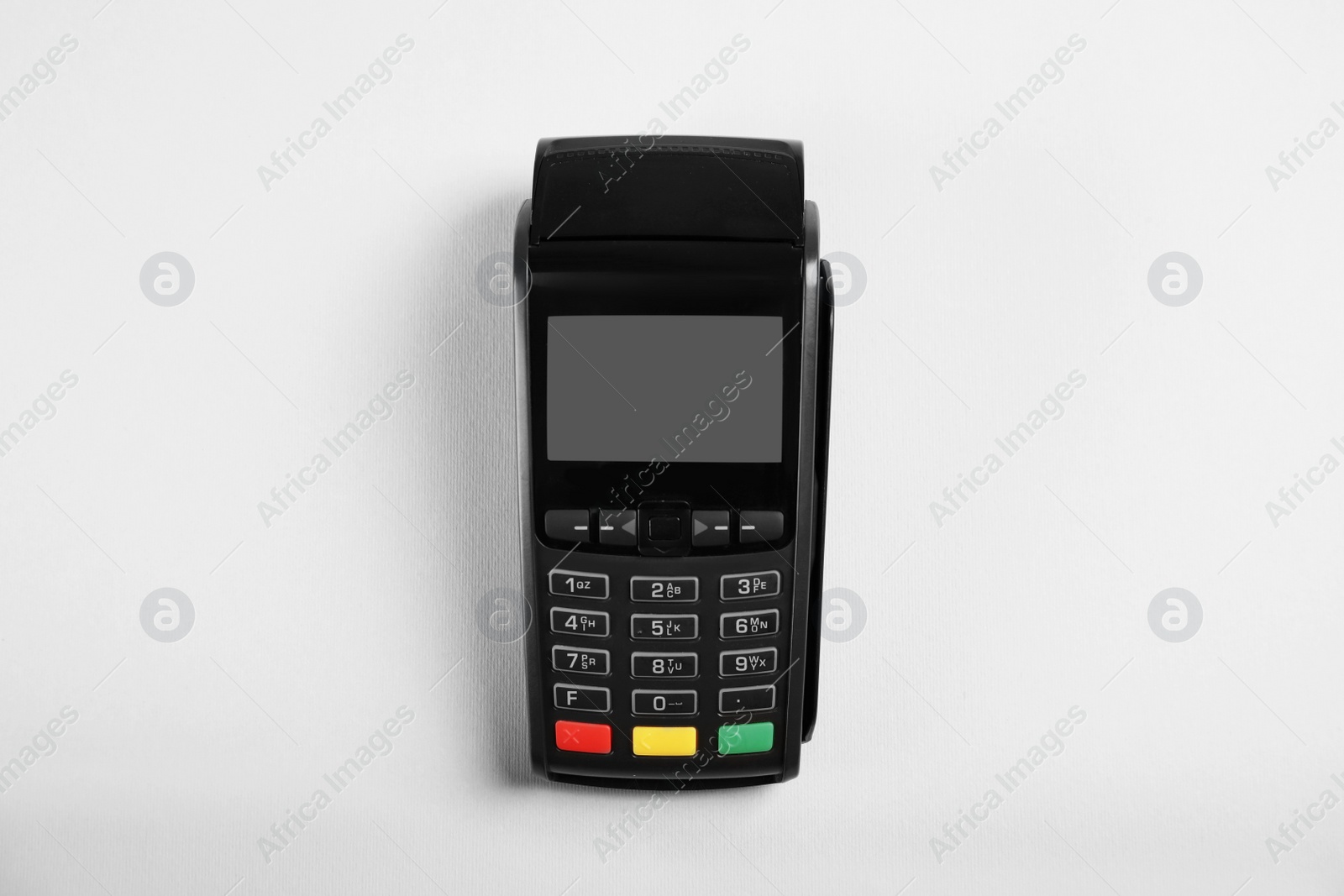 Photo of Modern payment terminal on grey background, top view