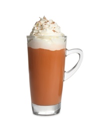 Photo of Delicious pumpkin latte with whipped cream isolated on white