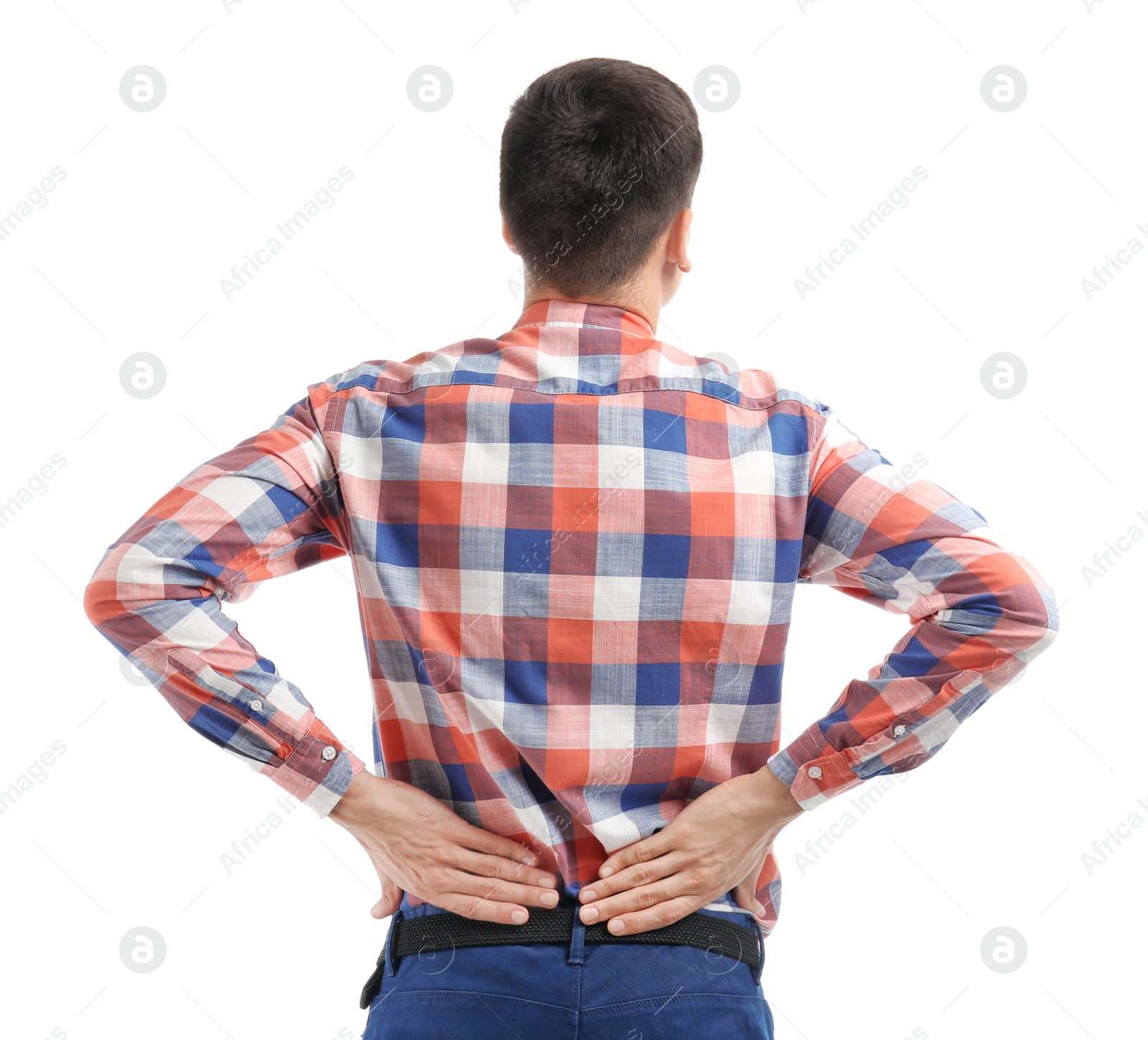 Photo of Young man suffering from back pain on white background