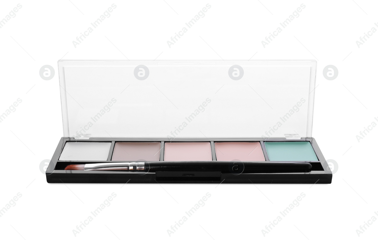 Photo of Colorful contouring palette with brush on white background. Professional cosmetic product