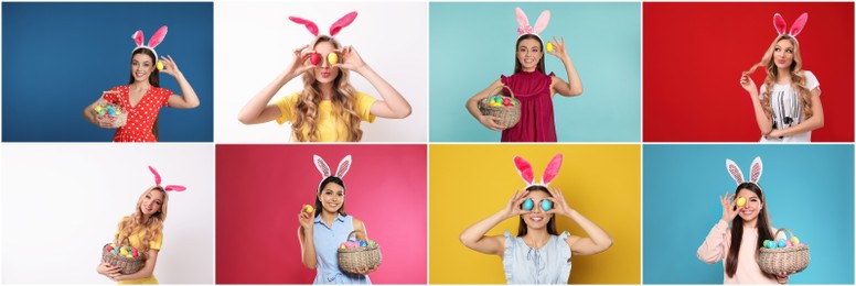 Collage photos of young women wearing bunny ears headbands on different color backgrounds, banner design. Happy Easter
