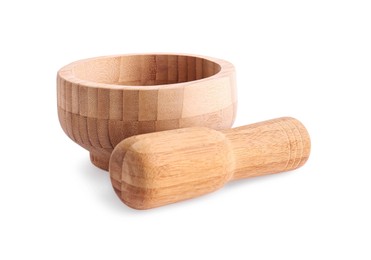 Wooden mortar and pestle on white background