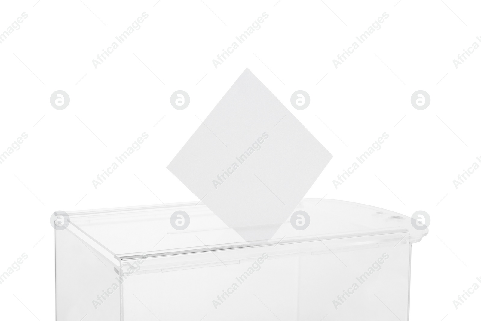 Photo of Transparent ballot box with vote isolated on white