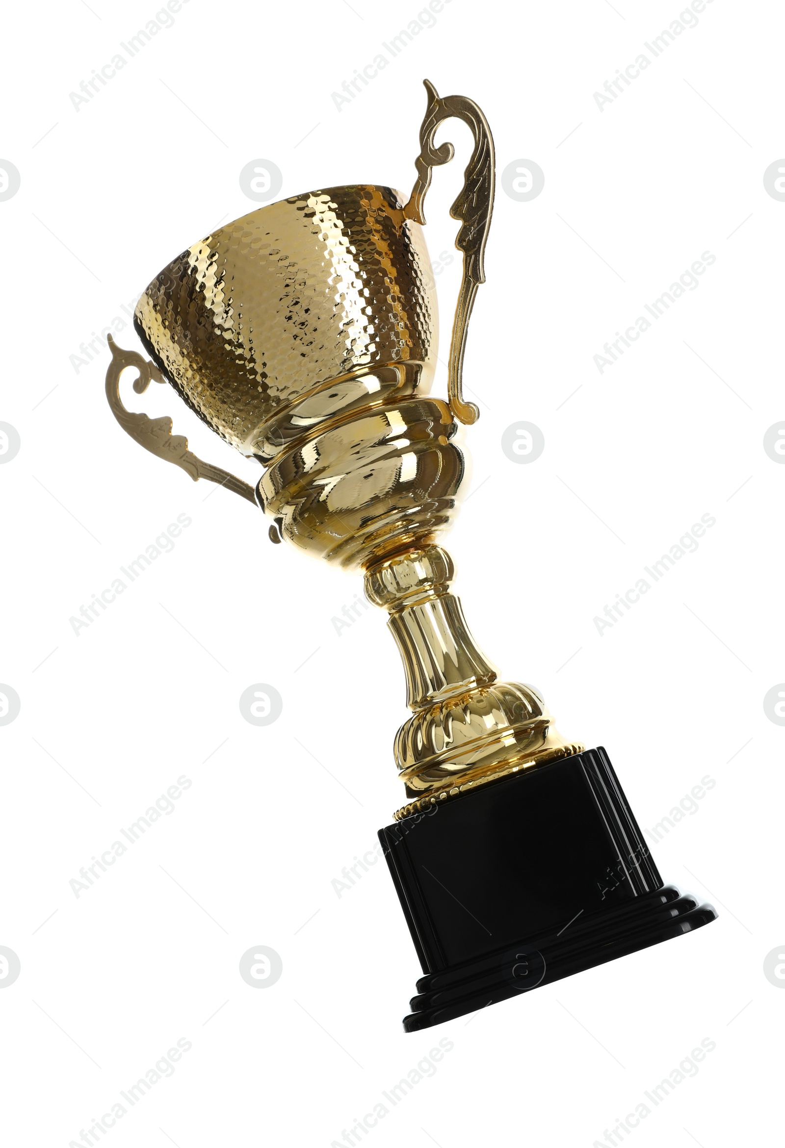 Photo of Shiny gold cup on white background. Winner's trophy