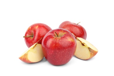 Photo of Ripe juicy red apples on white background