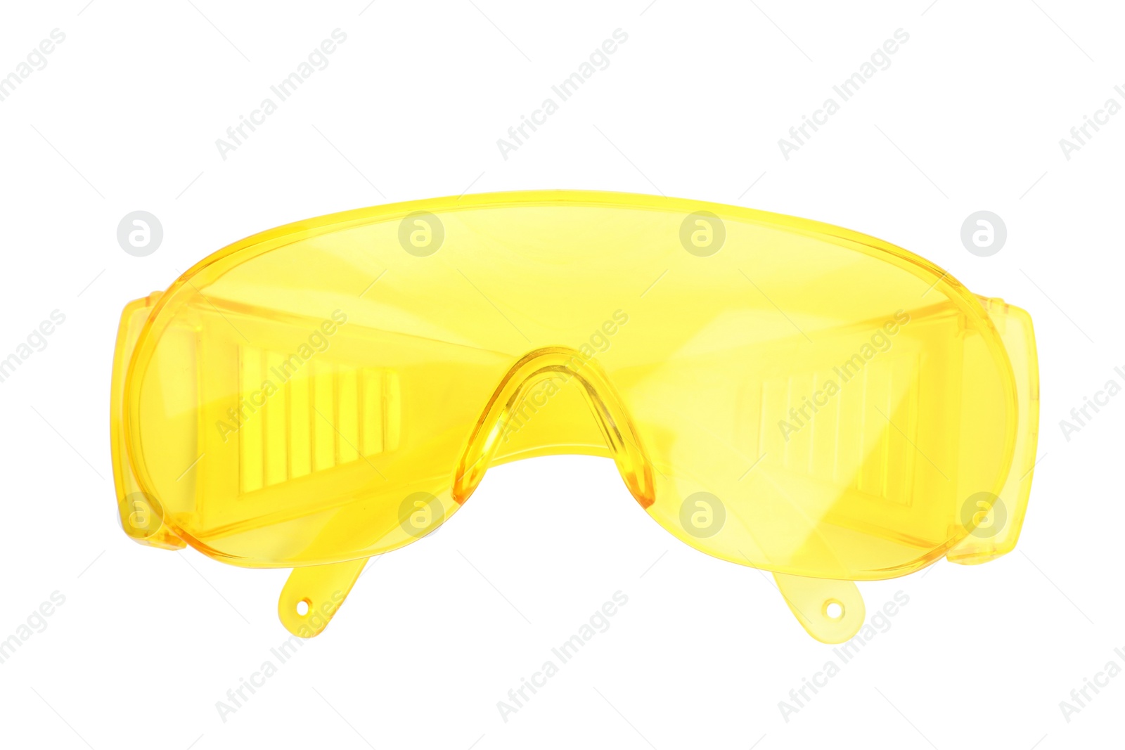 Photo of Protective goggles isolated on white, top view. Safety equipment