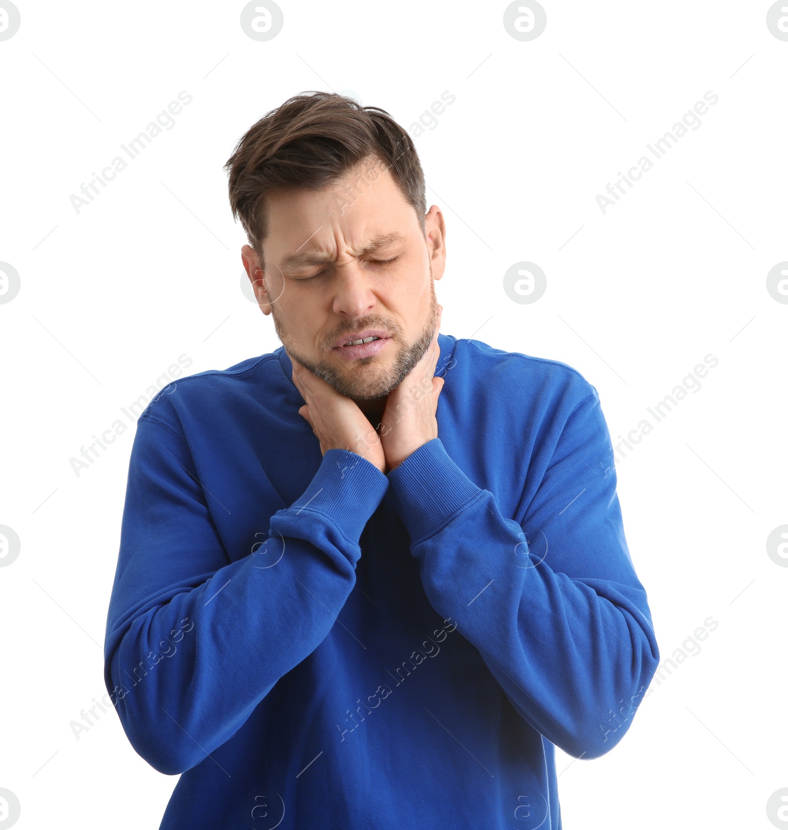 Photo of Man suffering from cough isolated on white