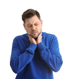 Photo of Man suffering from cough isolated on white