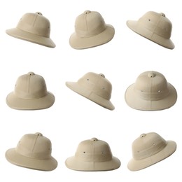 Set with stylish safari hats on white background. Trendy headdress