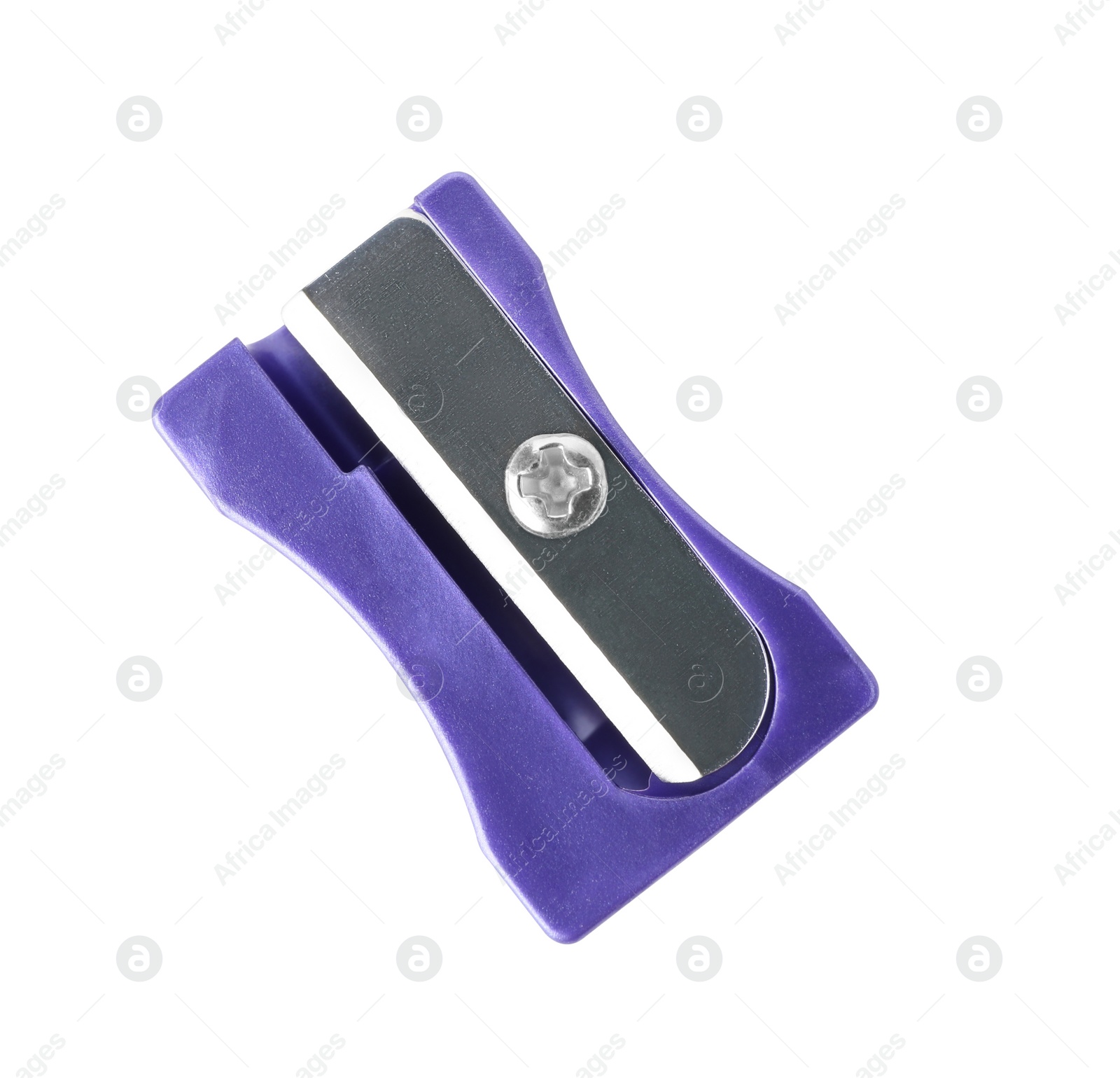 Photo of Plastic violet pencil sharpener isolated on white, top view