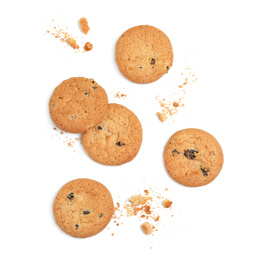 Tasty homemade cookies with raisins on white background, top view