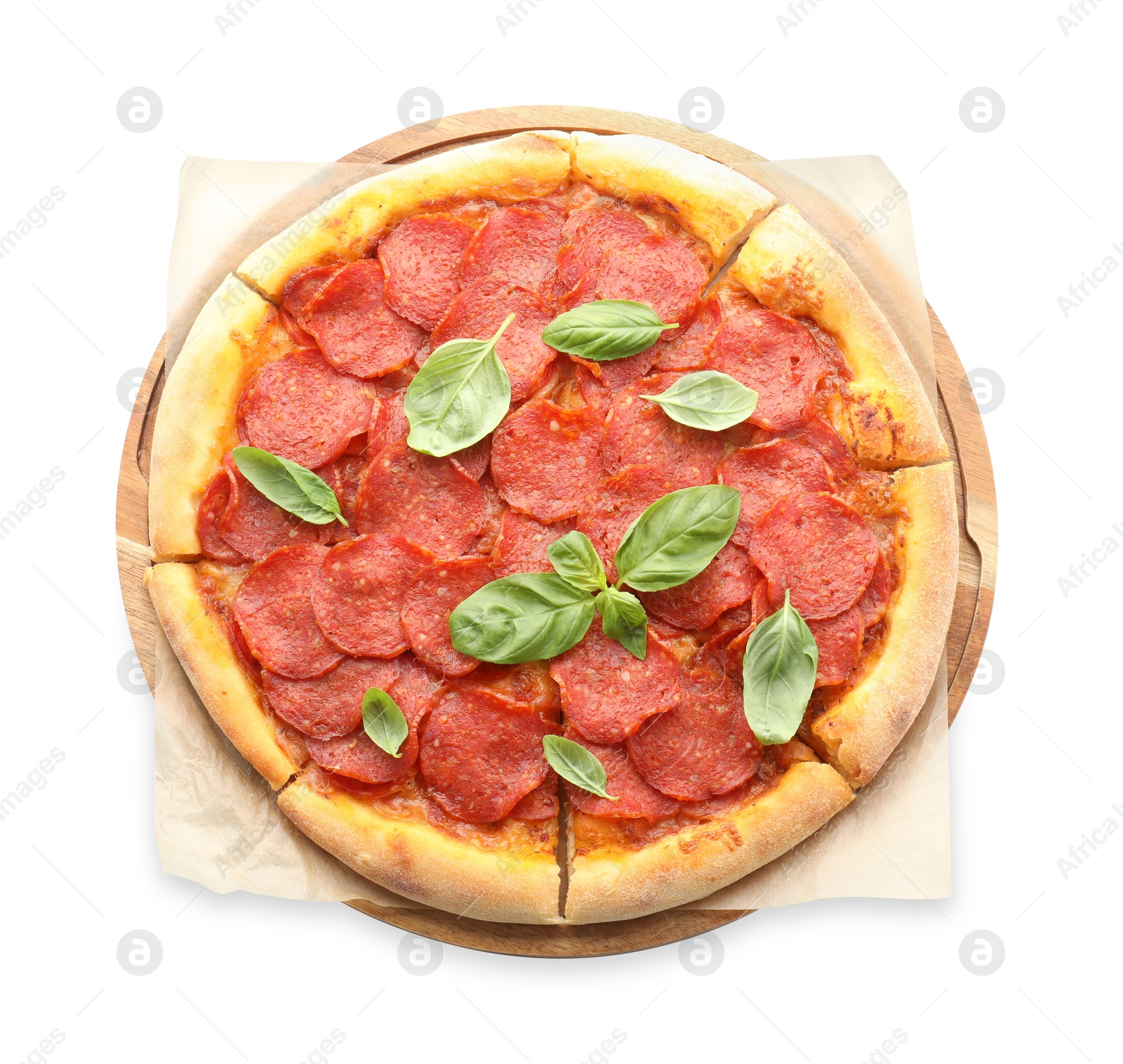 Photo of Tasty pepperoni pizza with basil isolated on white, top view