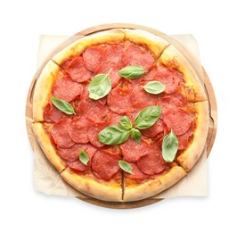 Tasty pepperoni pizza with basil isolated on white, top view