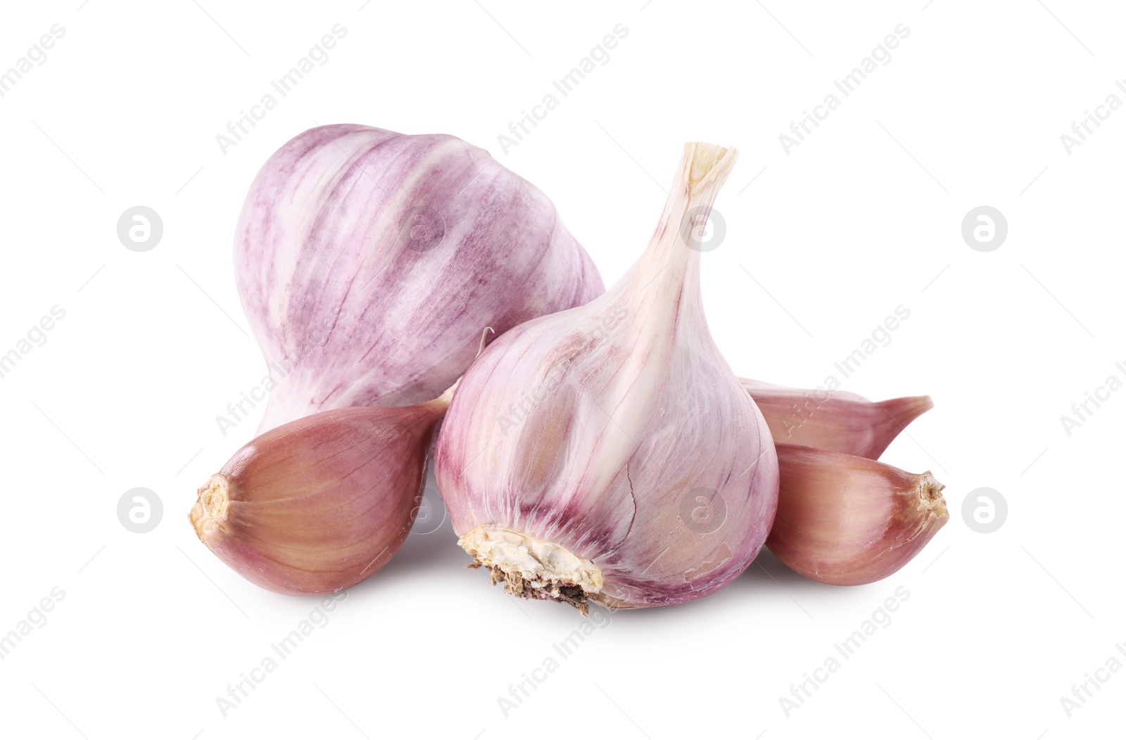 Photo of Fresh raw garlic heads and cloves isolated on white