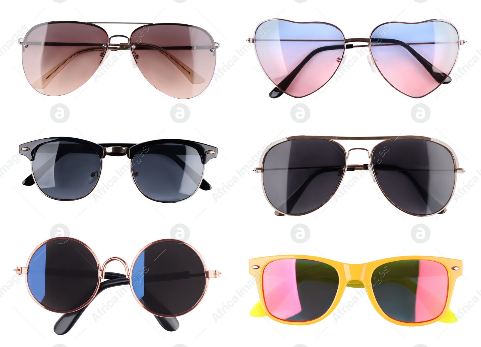 Image of Set with different stylish sunglasses on white background