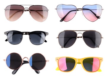 Image of Set with different stylish sunglasses on white background