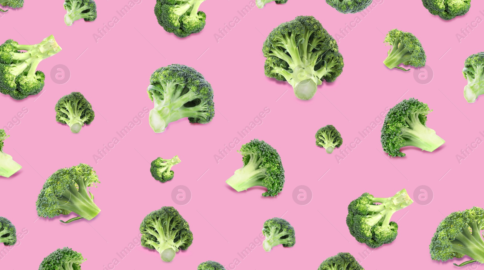 Image of Pattern of fresh green broccoli on pink background, banner design