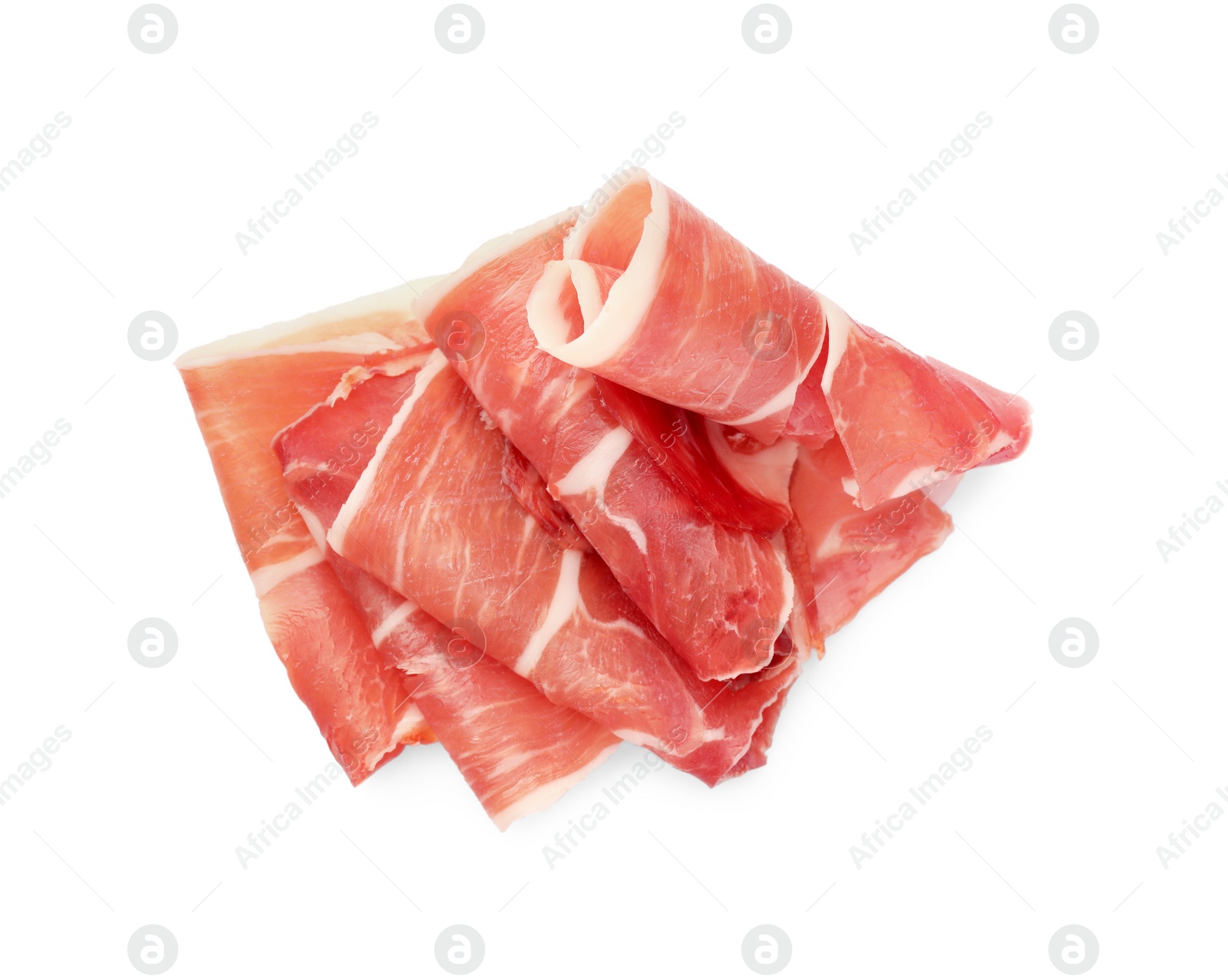 Photo of Slices of delicious jamon isolated on white, top view