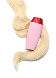 Photo of Lock of beautiful blonde straight hair and cosmetic product on white background, top view
