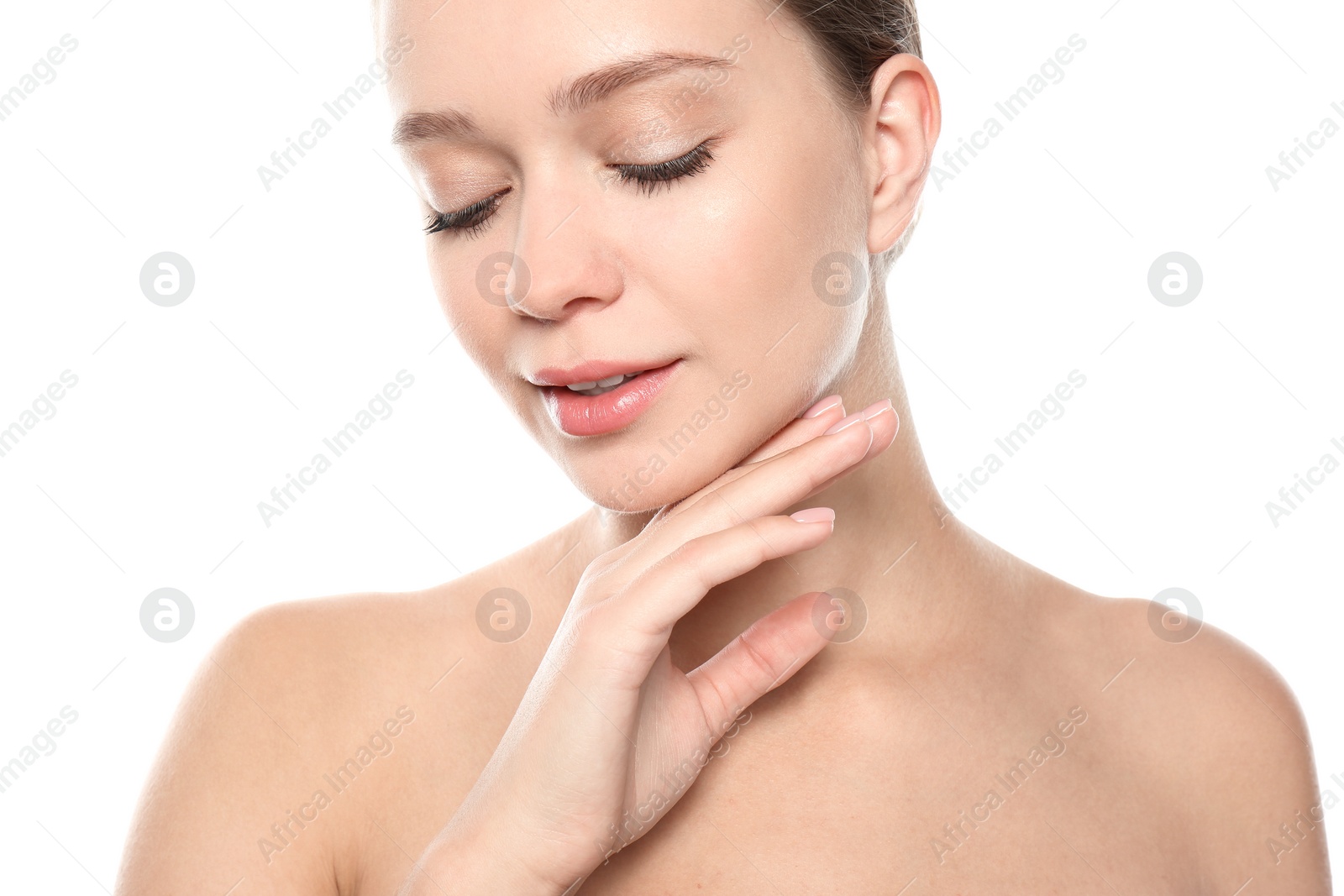 Photo of Portrait of beautiful young woman on white background. Lips contouring, skin care and cosmetic surgery concept