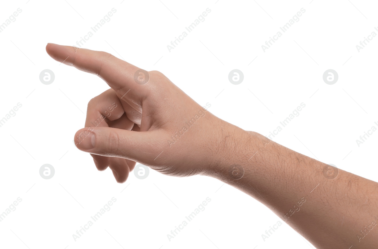 Photo of Man pointing at something on white background, closeup