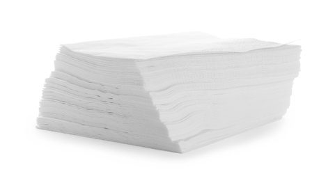 Photo of Stack of clean paper napkins on white background