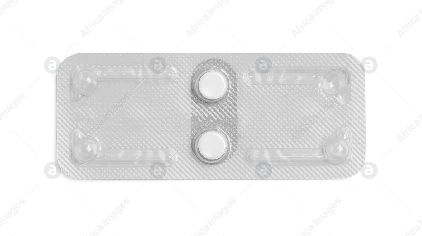 Photo of Blister of emergency contraception pills isolated on white, top view