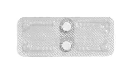 Photo of Blister of emergency contraception pills isolated on white, top view