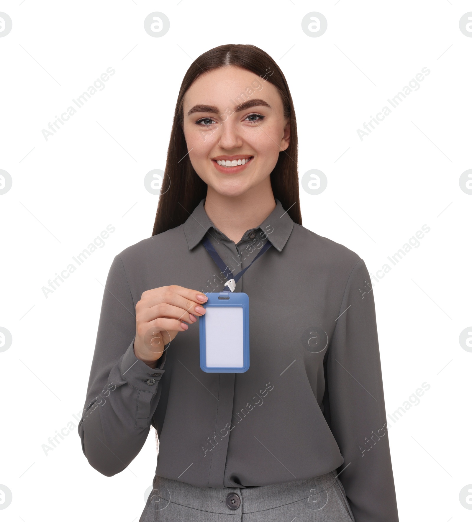 Photo of Happy woman with blank badge on white background