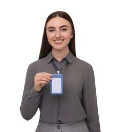 Happy woman with blank badge on white background