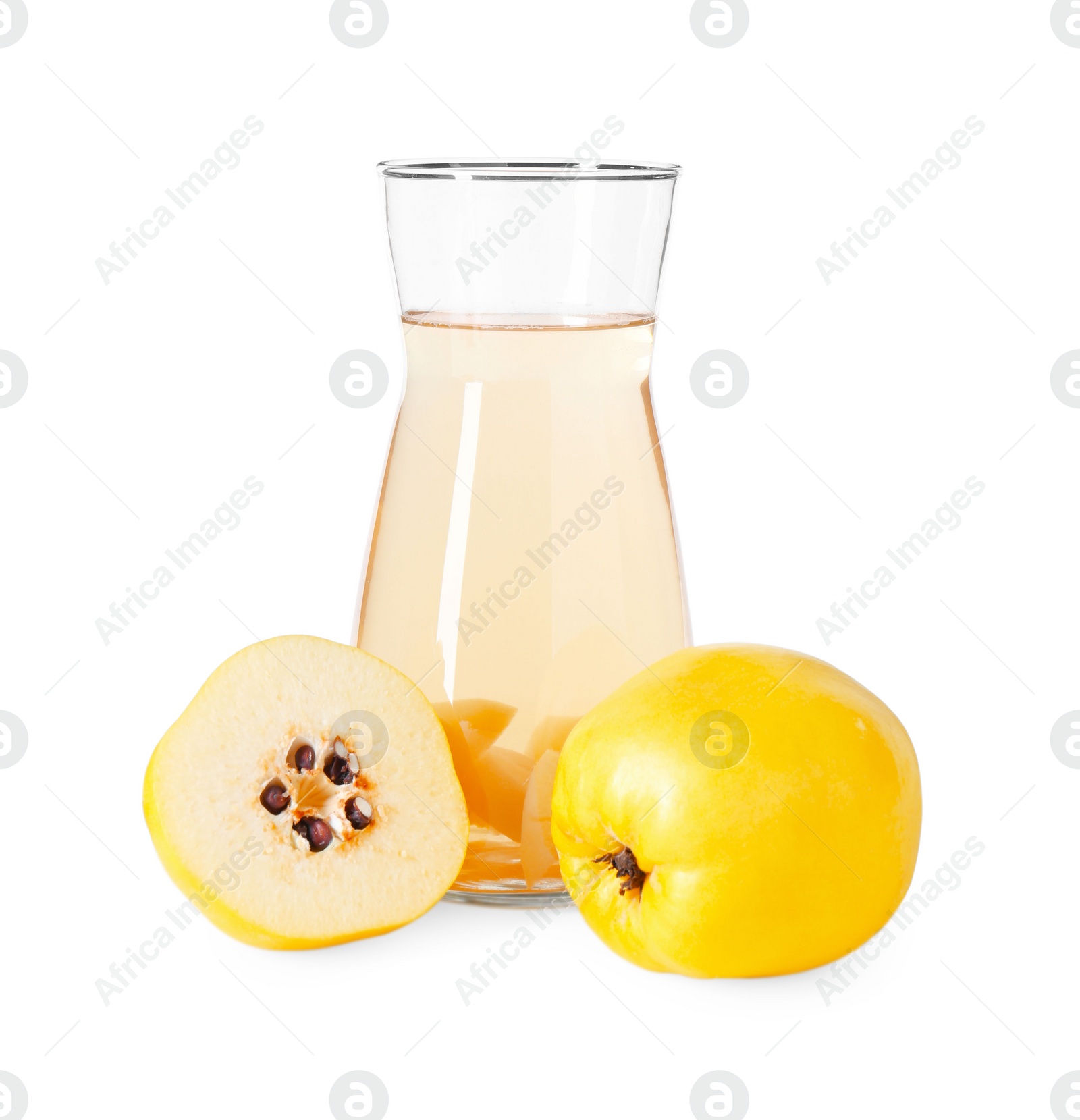 Photo of Tasty quince drink in glass carafe and fresh cut fruits isolated on white