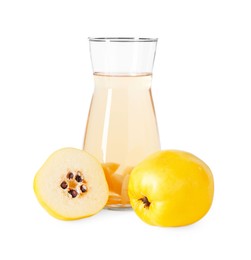 Tasty quince drink in glass carafe and fresh cut fruits isolated on white