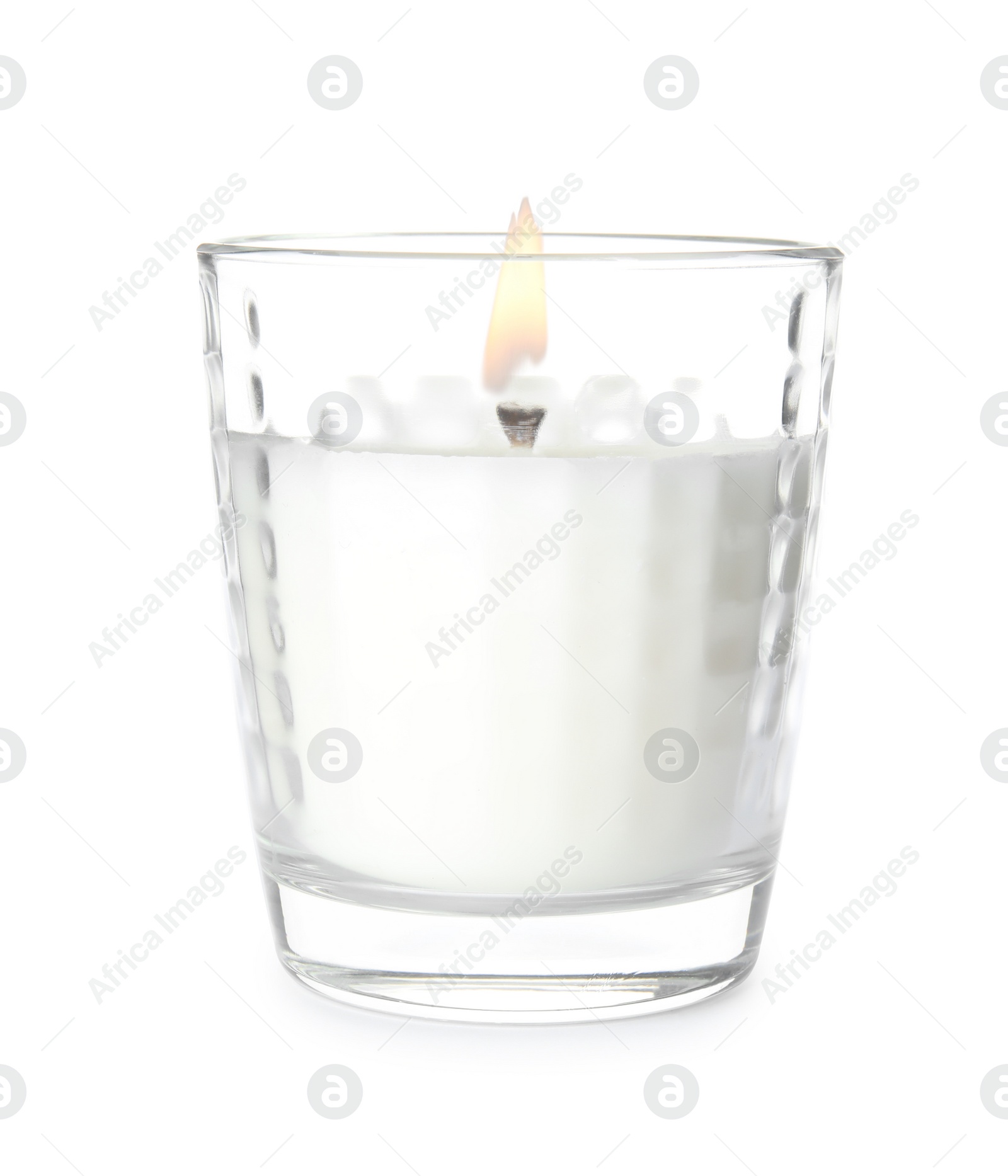 Photo of Wax candle in glass holder on white background