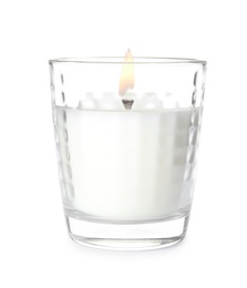 Photo of Wax candle in glass holder on white background