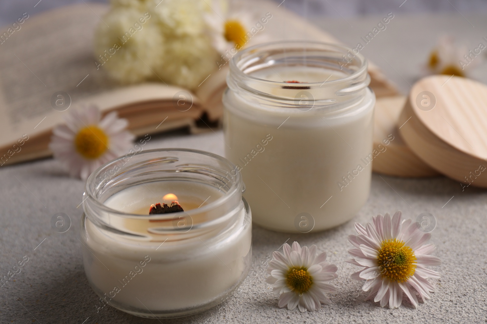 Photo of Burning scented candles and chamomile flowers on light gray textured table, closeup