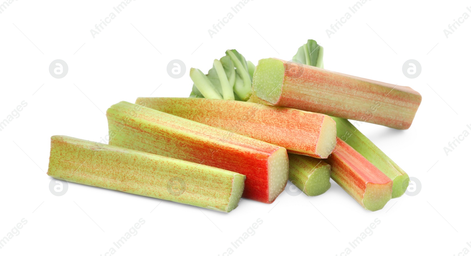 Photo of Cut fresh rhubarb stalks on white background