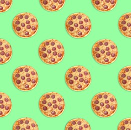 Image of Many delicious pepperoni pizzas on green background, flat lay. Seamless pattern design