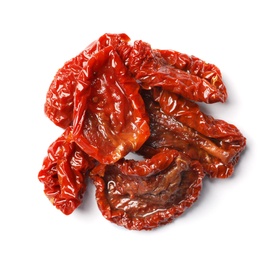 Photo of Tasty sun dried tomatoes on white background, top view