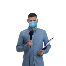 Image of Journalist with microphone wearing medical mask on white background. Virus protection