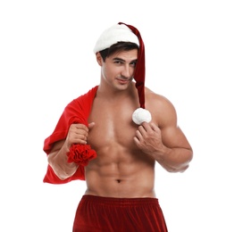 Photo of Sexy shirtless Santa Claus on white background