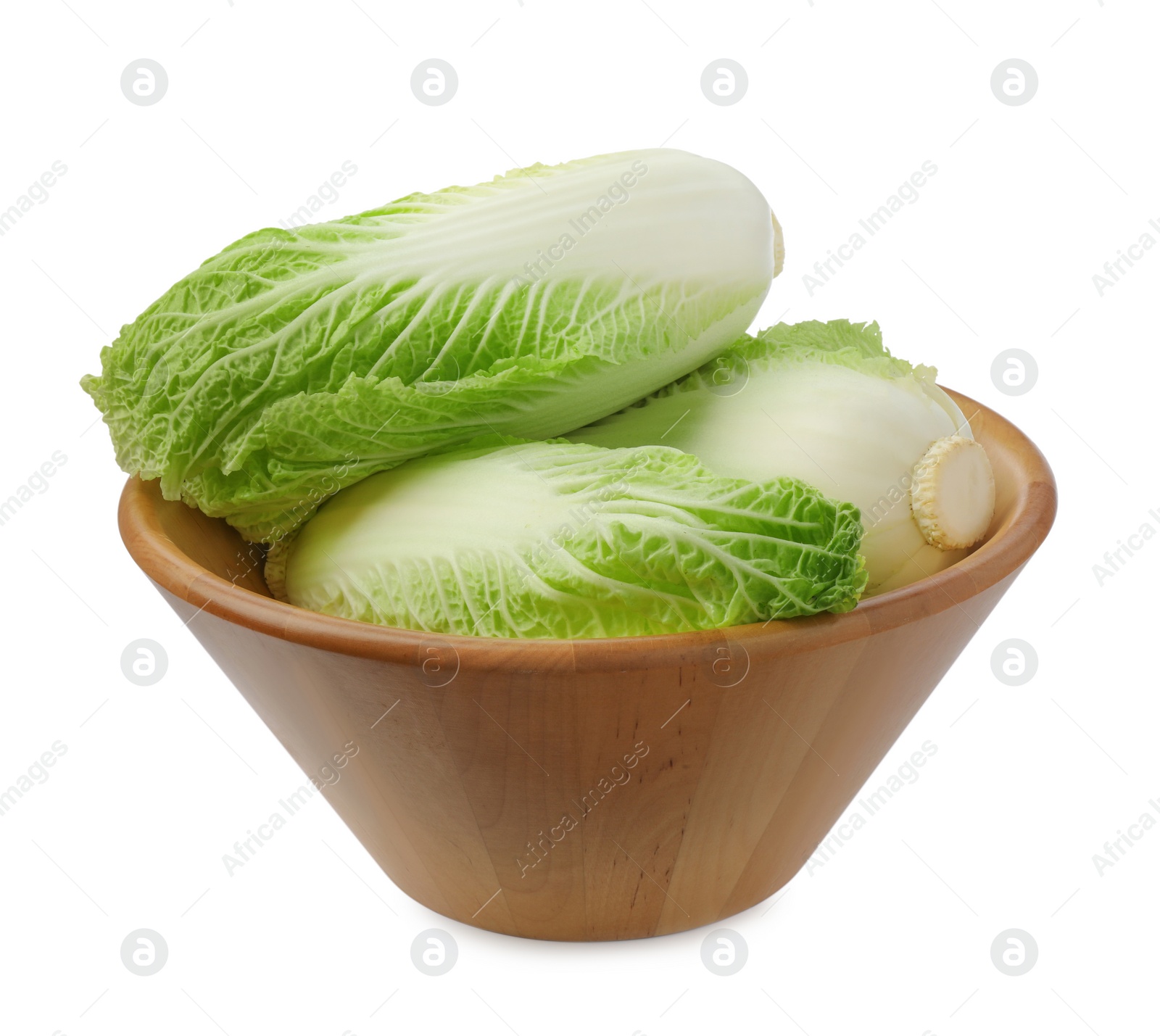 Photo of Fresh tasty Chinese cabbages in bowl on white background