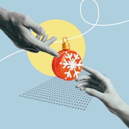 Image of Christmas art collage. Man and woman touching festive ball on color background