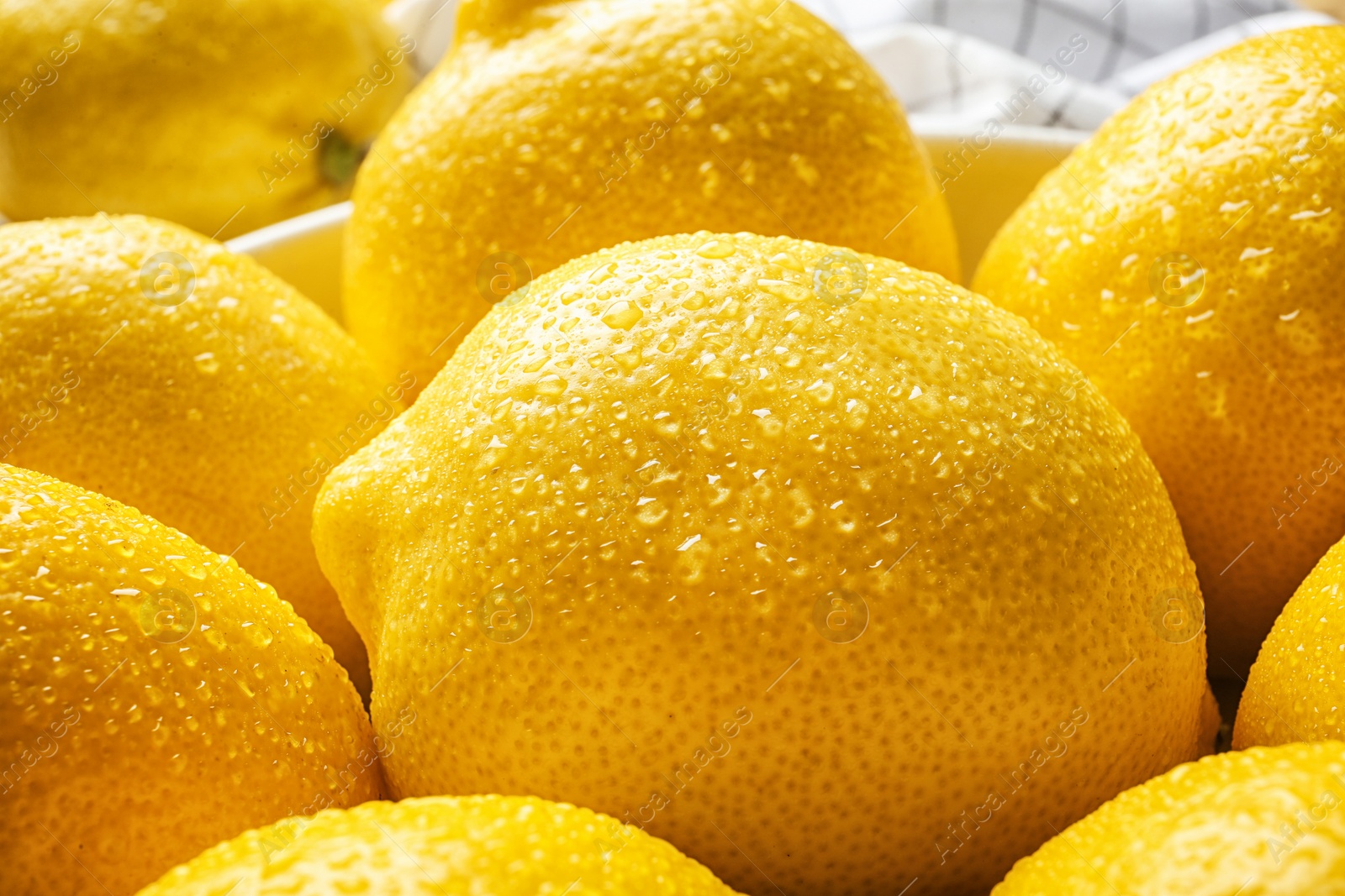 Photo of Ripe whole lemons with water drops, closeup view